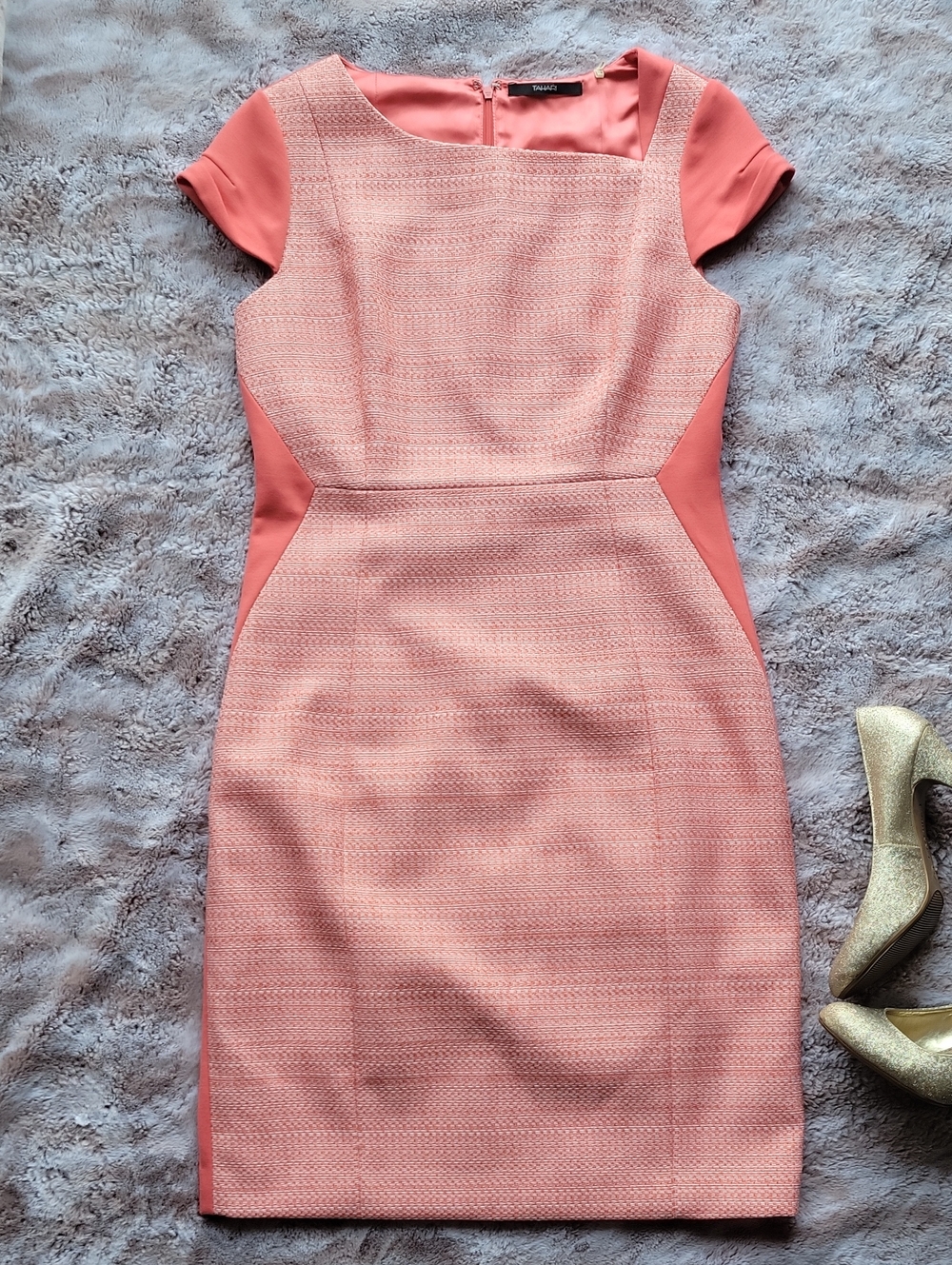Tahari Coral-Peach Panel Sheath Tweed Midi Dress